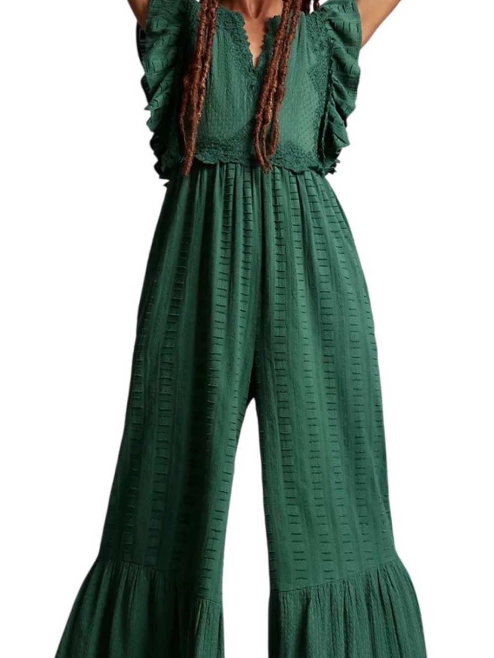NWT - Anthropologie Size Small Emerald Green Ruffled Flutter-Sleeve Jumpsuit